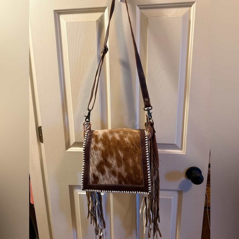 Brown Cowhide Fringe Crossbody Bag